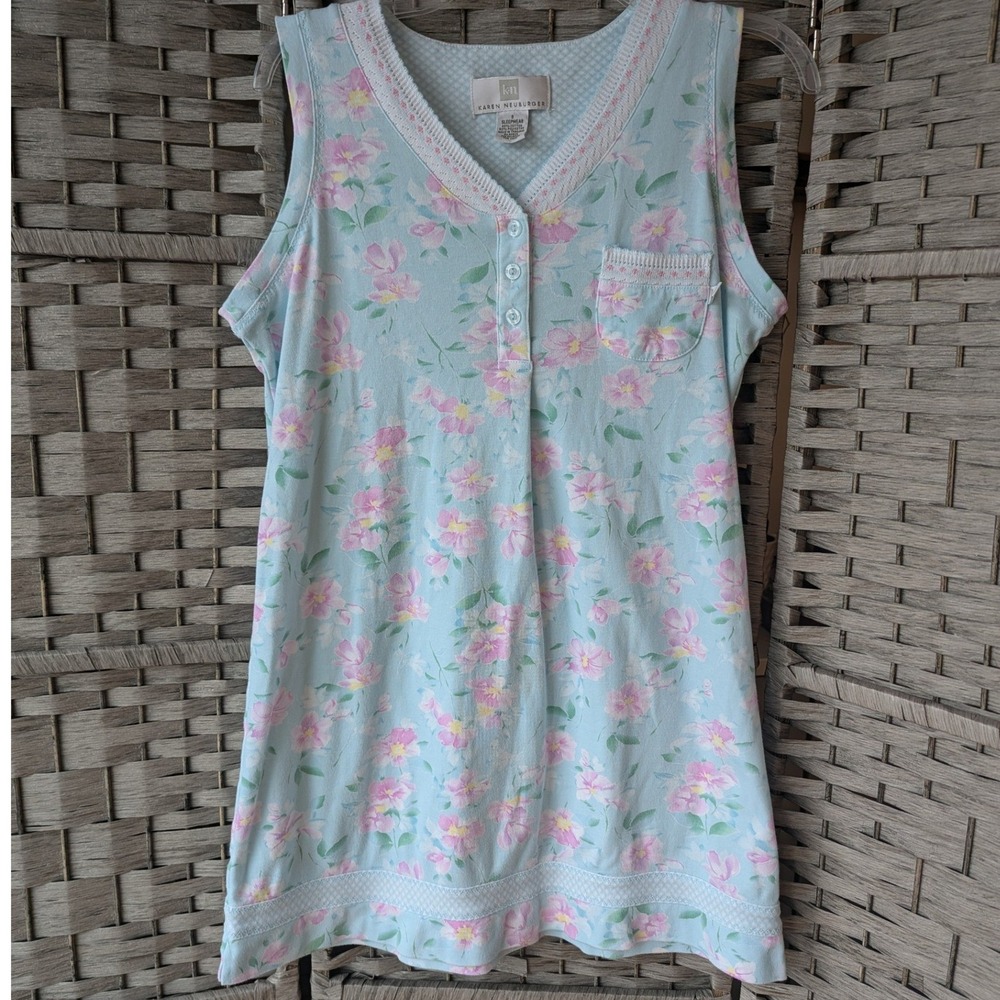 Vtg Karen Neuburger Nightgown‎ Floral Gingham Lace Sweater Trim Pastel Sleepwear